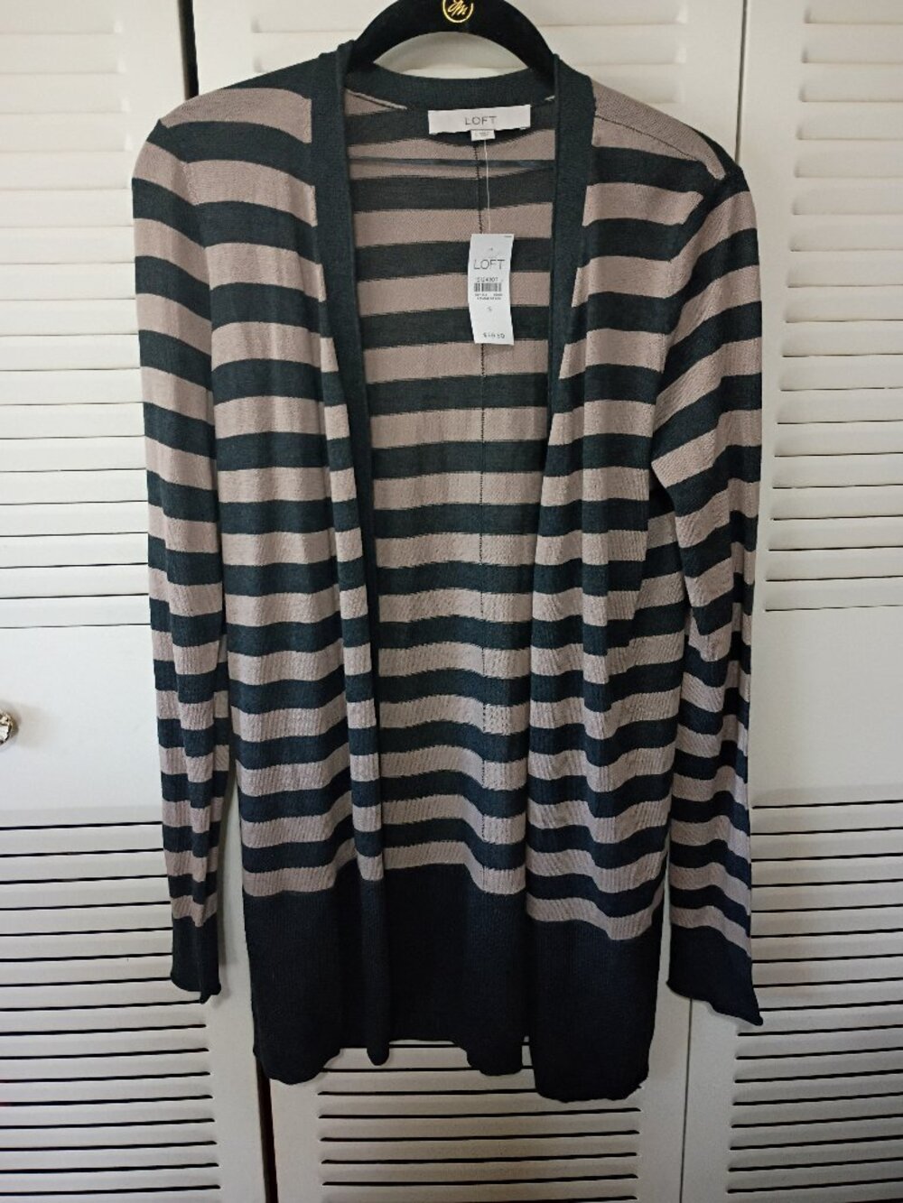 LOFT Striped Open Front Cardigan Sweater S Dark Gray Tan
